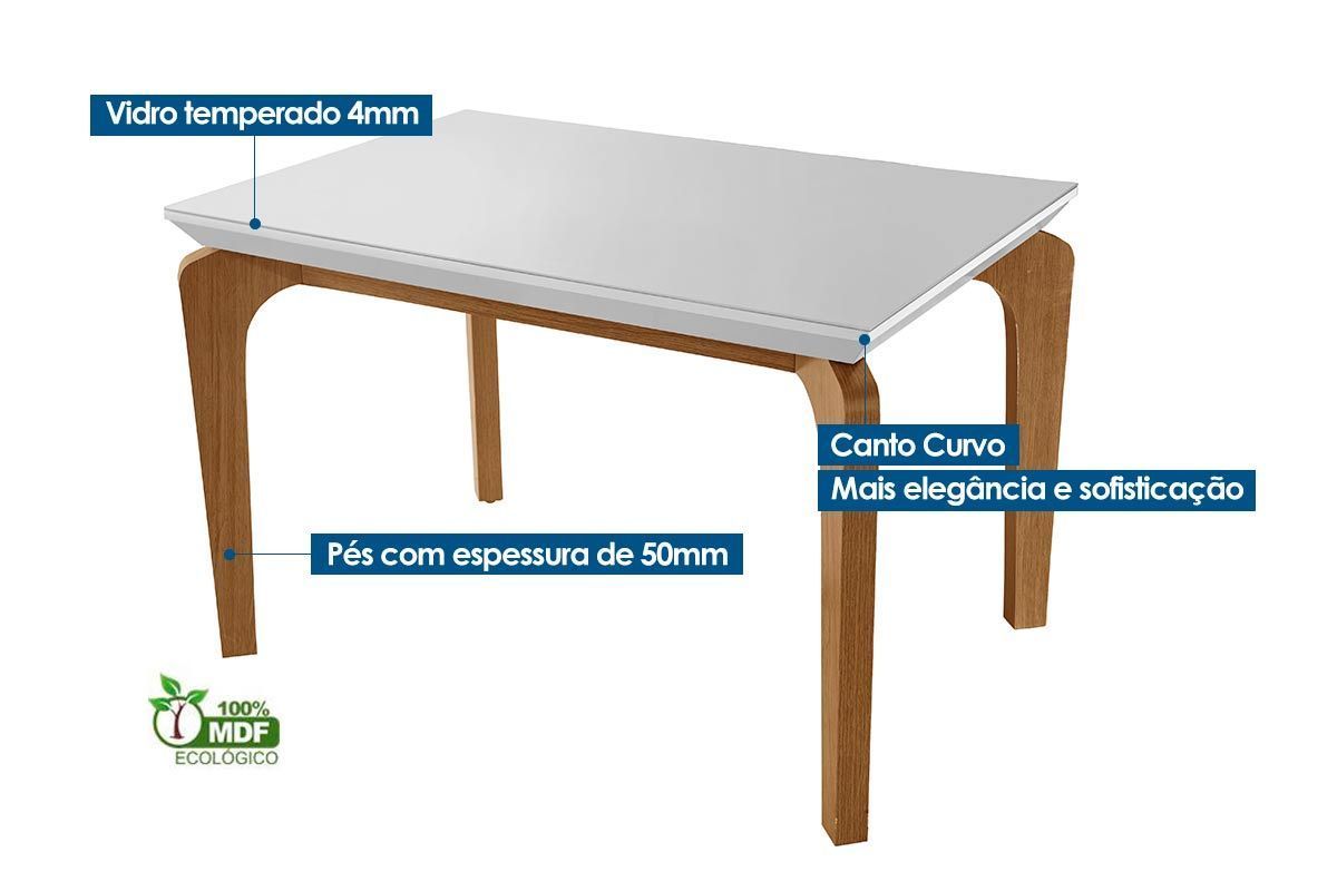 Sala Jantar Mesa Londrina Tampo Madeirado c/ Vidro Curvo 120x80 e 4 Cadeiras Londrina - Rufato