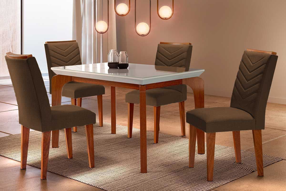 Sala Jantar Mesa Londrina Tampo Madeirado c/ Vidro Curvo 120x80 e 4 Cadeiras Londrina - Rufato