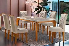 Sala Jantar Mesa Londrina Tampo Madeirado c/ Vidro Reto 180x90 e 6 Cadeiras Londrina - Rufato