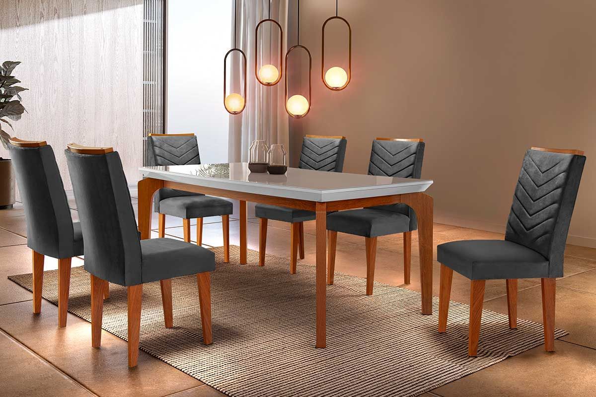 Sala Jantar Mesa Londrina Tampo Madeirado c/ Vidro Reto 180x90 e 6 Cadeiras Londrina - Rufato