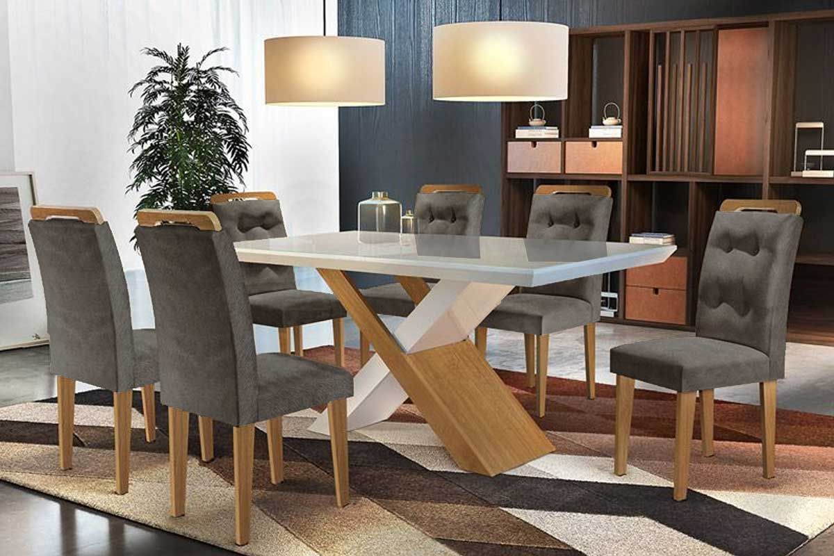 Sala de Jantar Completa Imperatriz Tampo Madeirado c/ Vidro Canto Curvo 180x90cm e 6 Cadeiras Imperatriz - Rufato