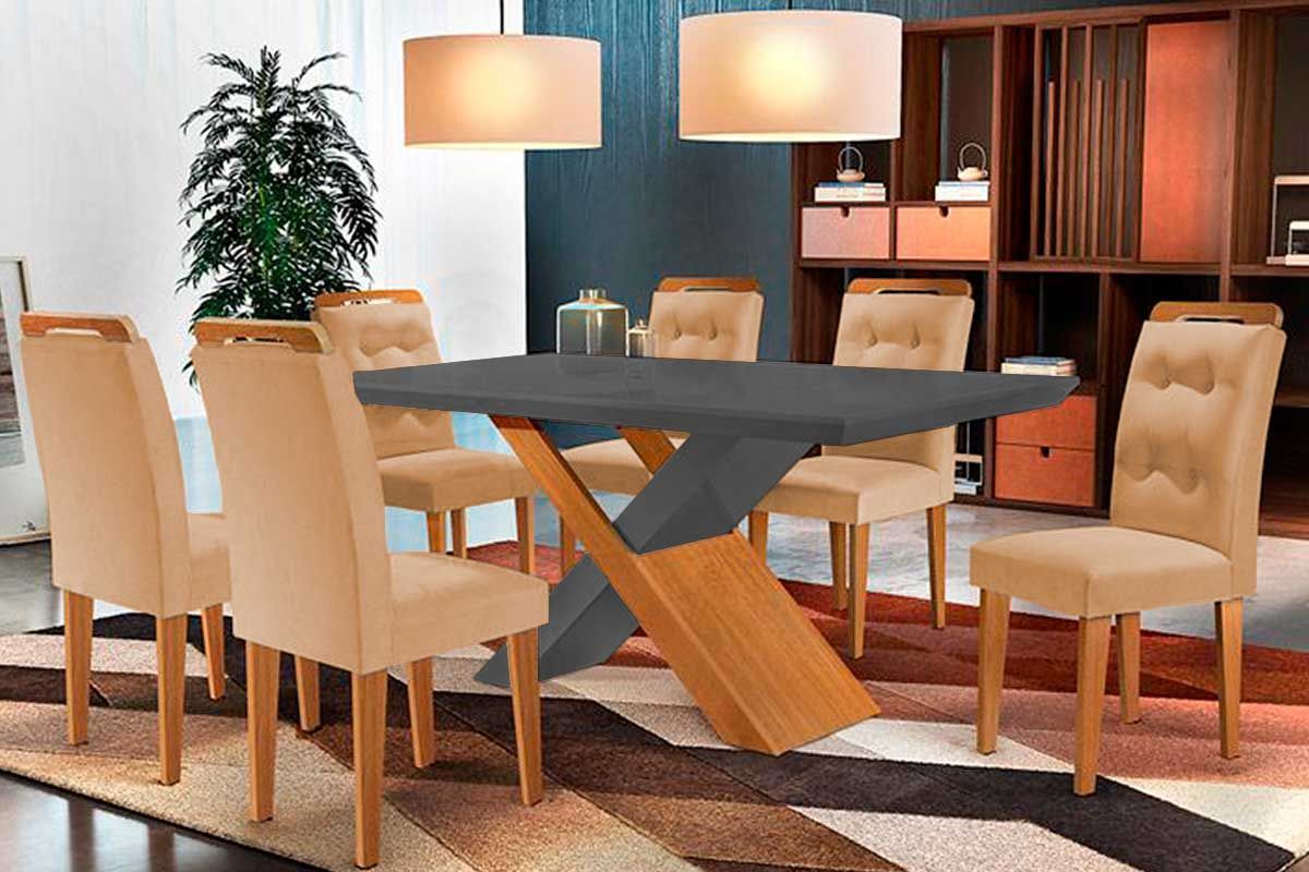 Sala de Jantar Completa Imperatriz Tampo Madeirado c/ Vidro Reto 180x90 e 6 Cadeiras Imperatriz - Rufato