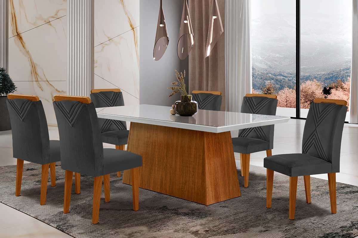 Sala de Jantar Completa Luna Tampo Madeirado c/ Vidro Reto 180x90 e 6 Cadeiras Amsterdã - Rufato