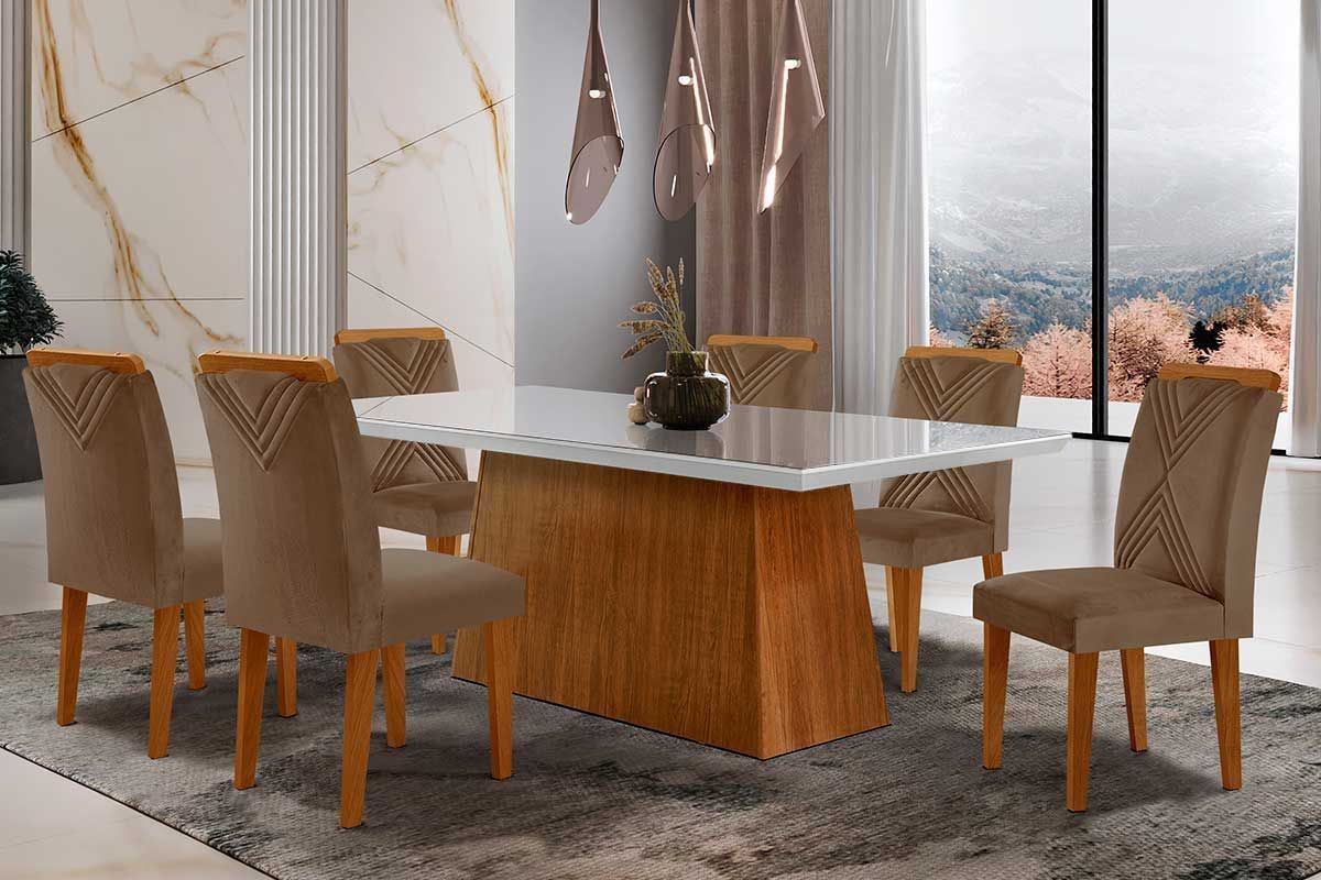 Sala de Jantar Completa Luna Tampo Madeirado c/ Vidro Reto 180x90 e 6 Cadeiras Amsterdã - Rufato