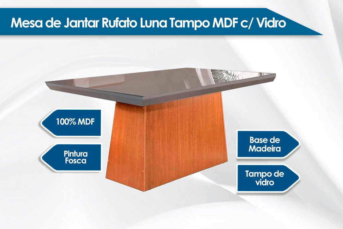 Sala de Jantar Completa Luna Tampo Madeirado c/ Vidro Reto 180x90 e 6 Cadeiras Amsterdã - Rufato
