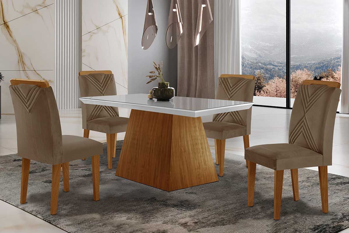 Sala de Jantar Completa Luna Tampo Madeirado c/ Vidro Reto 120x80 e 4 Cadeiras Amsterdã - Rufato