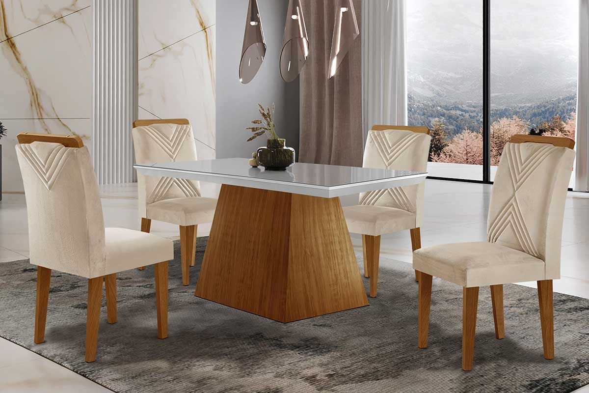 Sala de Jantar Completa Luna Tampo Madeirado c/ Vidro Reto 120x80 e 4 Cadeiras Amsterdã - Rufato