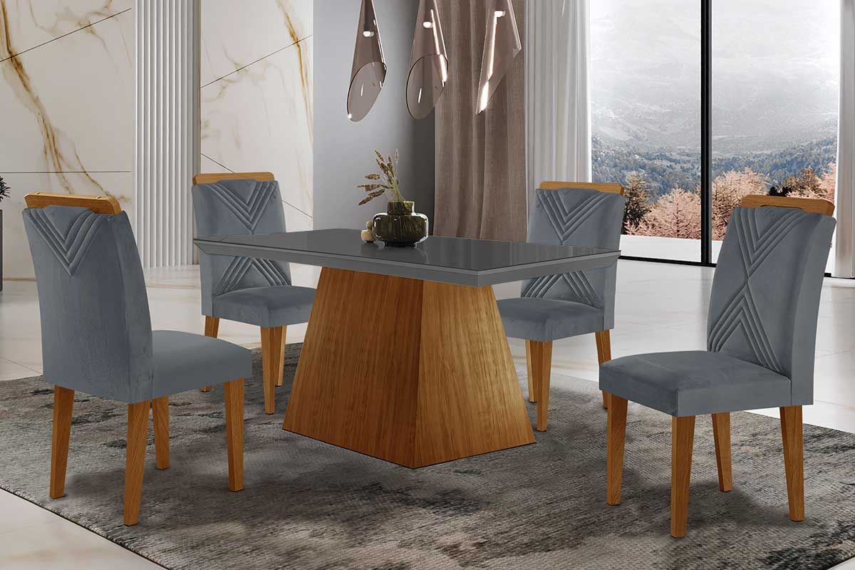 Sala de Jantar Completa Luna Tampo Madeirado c/ Vidro Reto 120x80 e 4 Cadeiras Amsterdã - Rufato