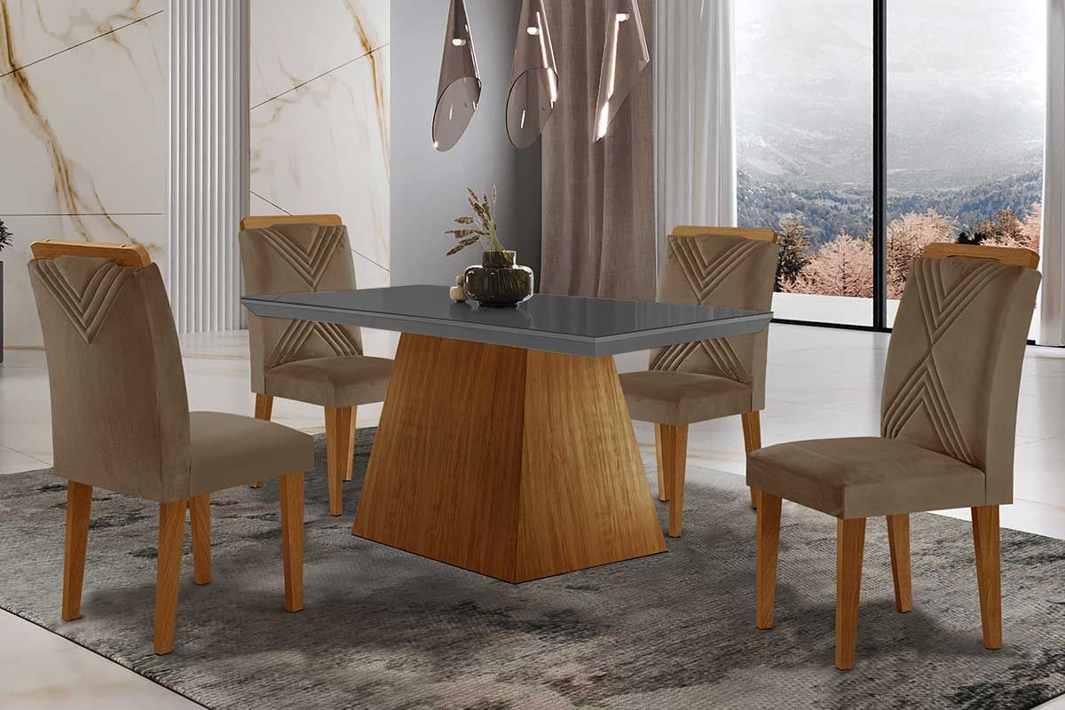 Sala de Jantar Completa Luna Tampo Madeirado c/ Vidro Reto 120x80 e 4 Cadeiras Amsterdã - Rufato