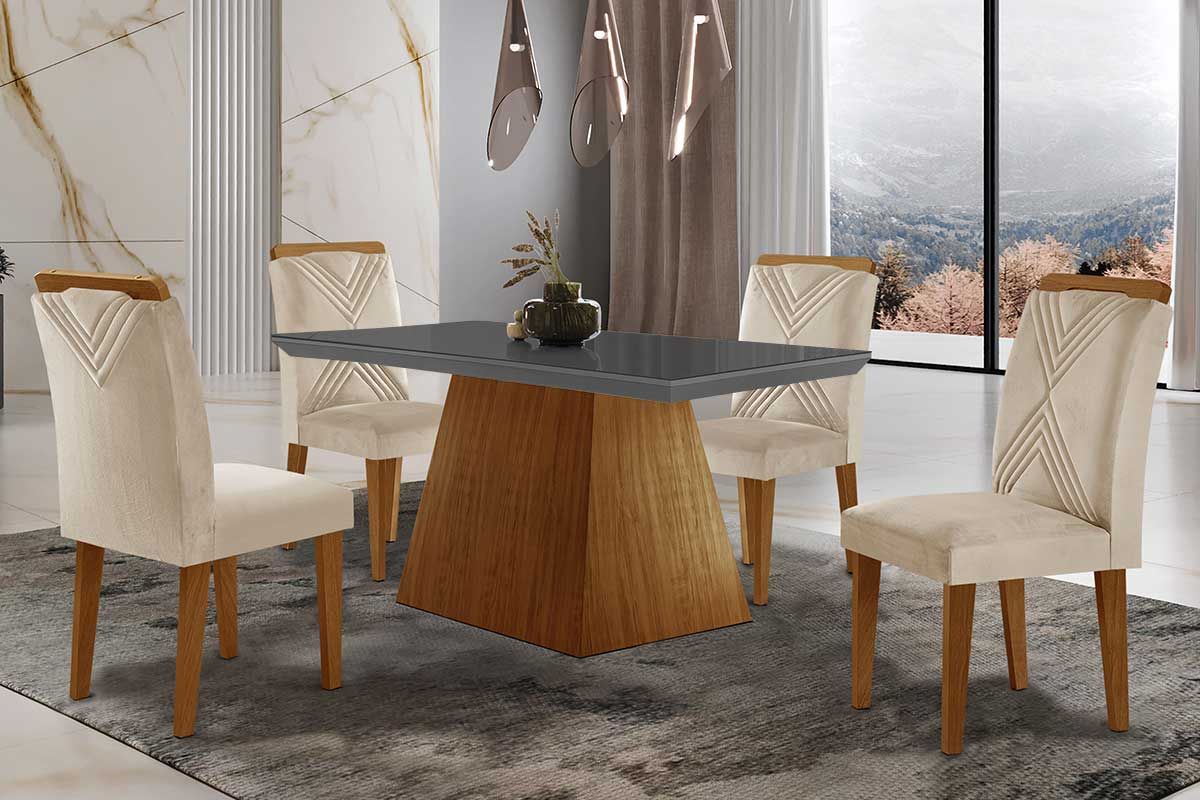 Sala de Jantar Completa Luna Tampo Madeirado c/ Vidro Reto 120x80 e 4 Cadeiras Amsterdã - Rufato
