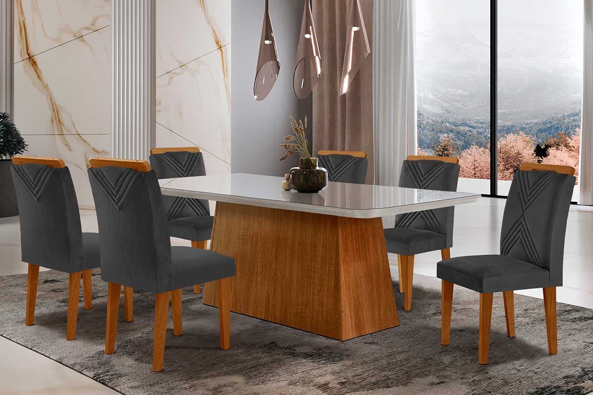Sala de Jantar Completa Luna Tampo Madeirado c/ Vidro Canto Reto 180x90 e 6 Cadeiras Amsterdã - Rufato