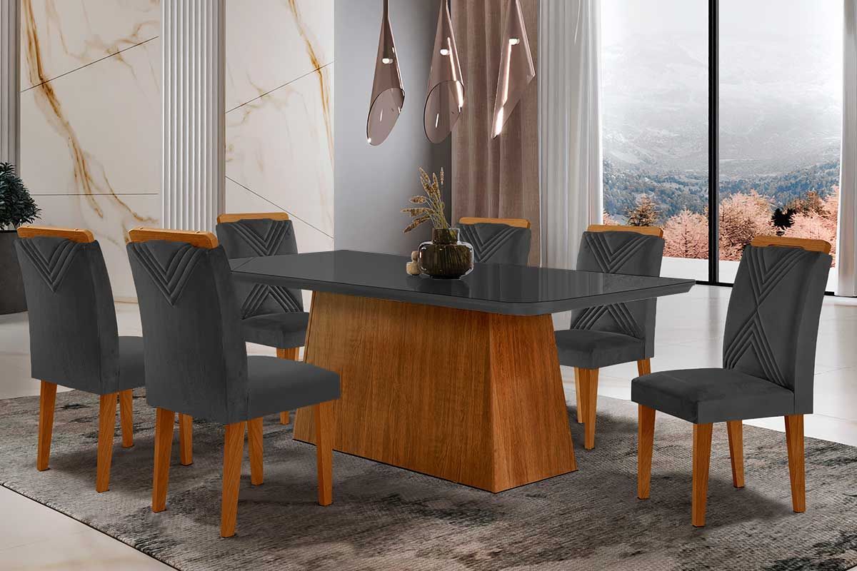 Sala de Jantar Completa Luna Tampo Madeirado c/ Vidro Canto Reto 180x90 e 6 Cadeiras Amsterdã - Rufato