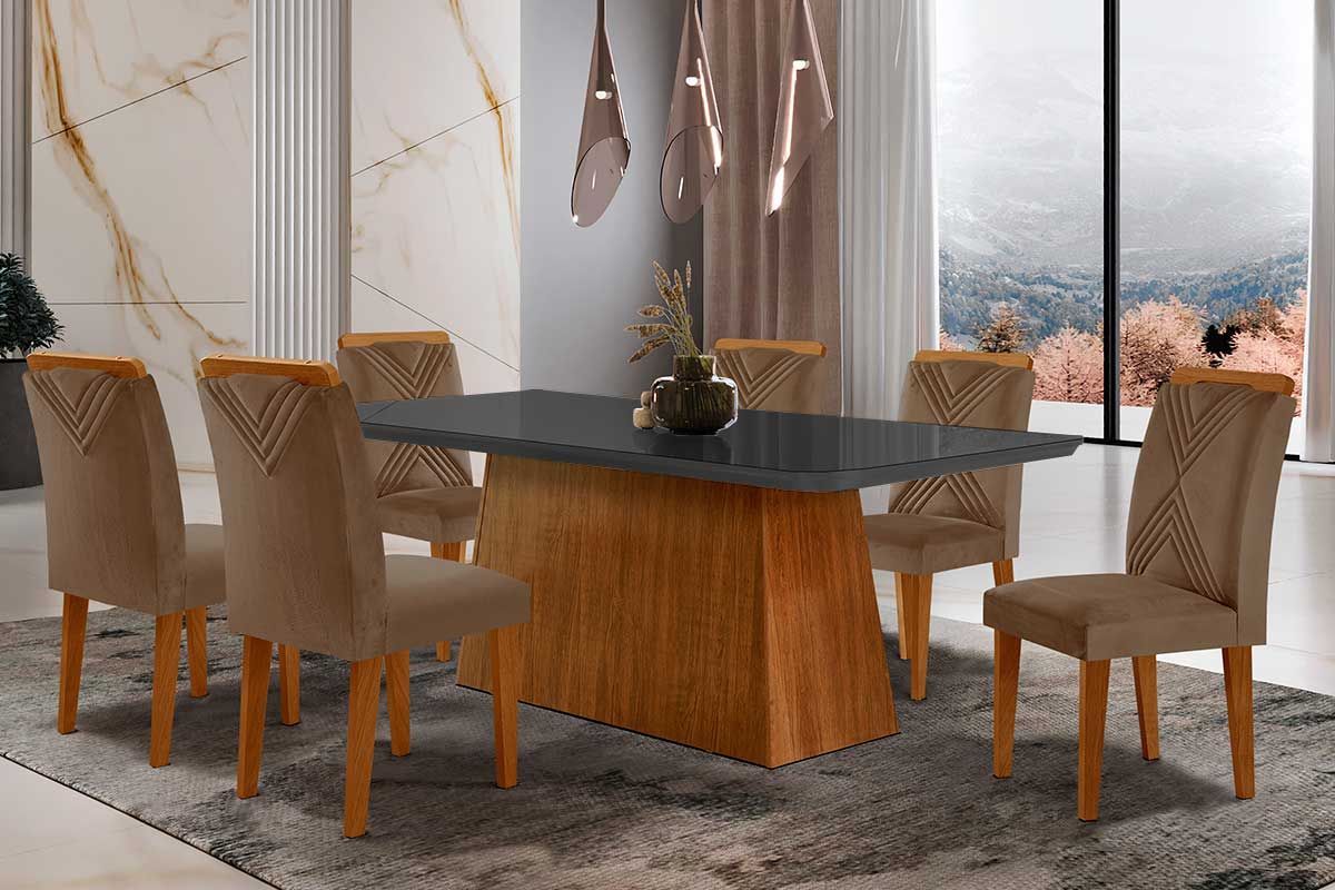 Sala de Jantar Completa Luna Tampo Madeirado c/ Vidro Canto Reto 180x90 e 6 Cadeiras Amsterdã - Rufato