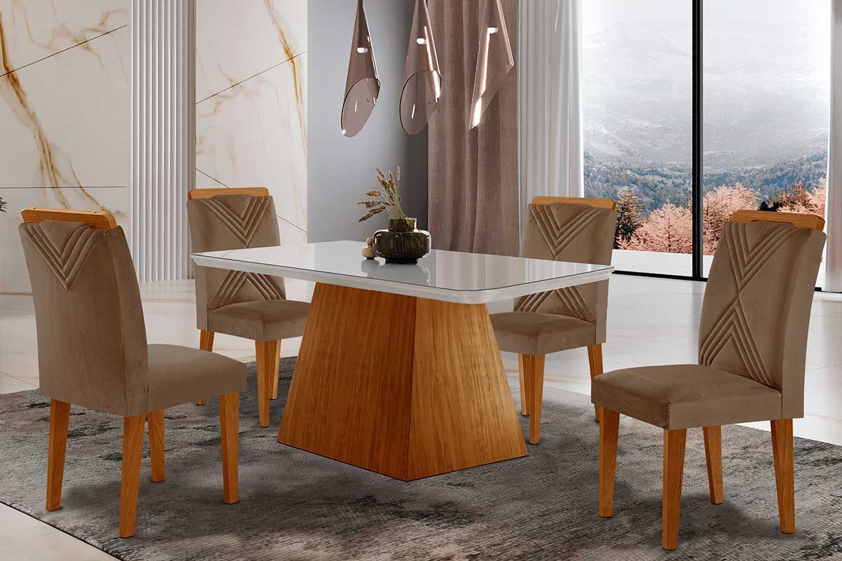 Sala de Jantar Completa Luna Tampo Madeirado c/ Vidro Canto Reto 120x80 e 4 Cadeiras Amsterdã - Rufato
