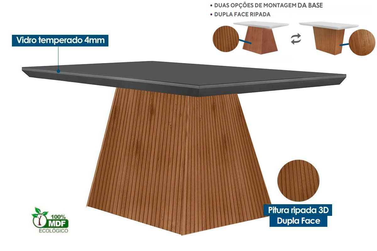 Sala de Jantar Completa Luna Tampo Madeirado c/ Vidro Canto Reto 120x80 e 4 Cadeiras Amsterdã - Rufato