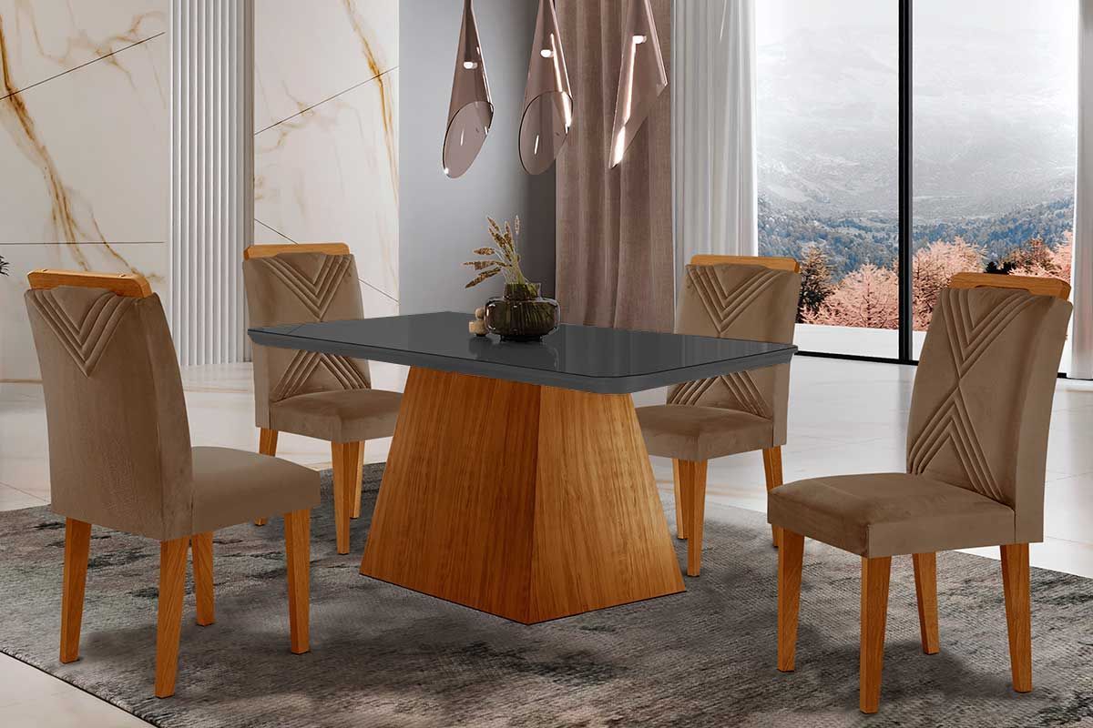 Sala de Jantar Completa Luna Tampo Madeirado c/ Vidro Canto Reto 120x80 e 4 Cadeiras Amsterdã - Rufato