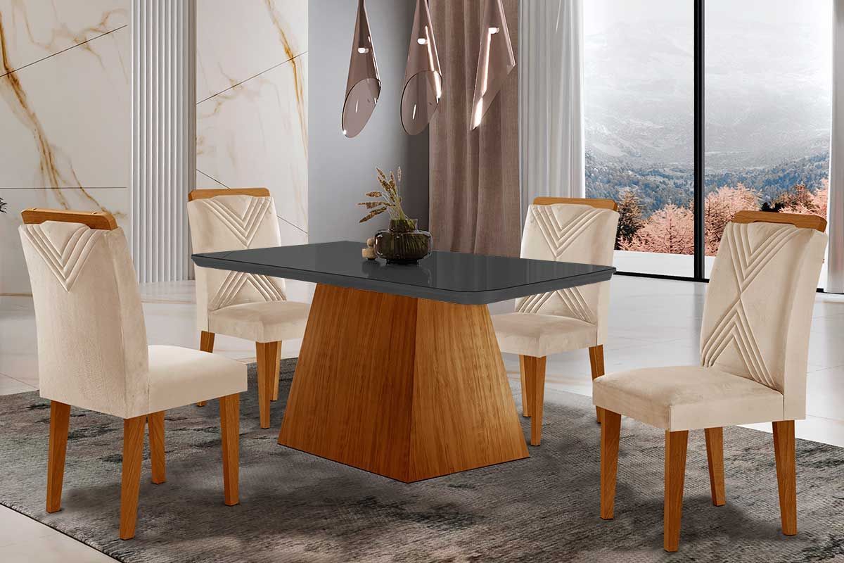 Sala de Jantar Completa Luna Tampo Madeirado c/ Vidro Canto Reto 120x80 e 4 Cadeiras Amsterdã - Rufato