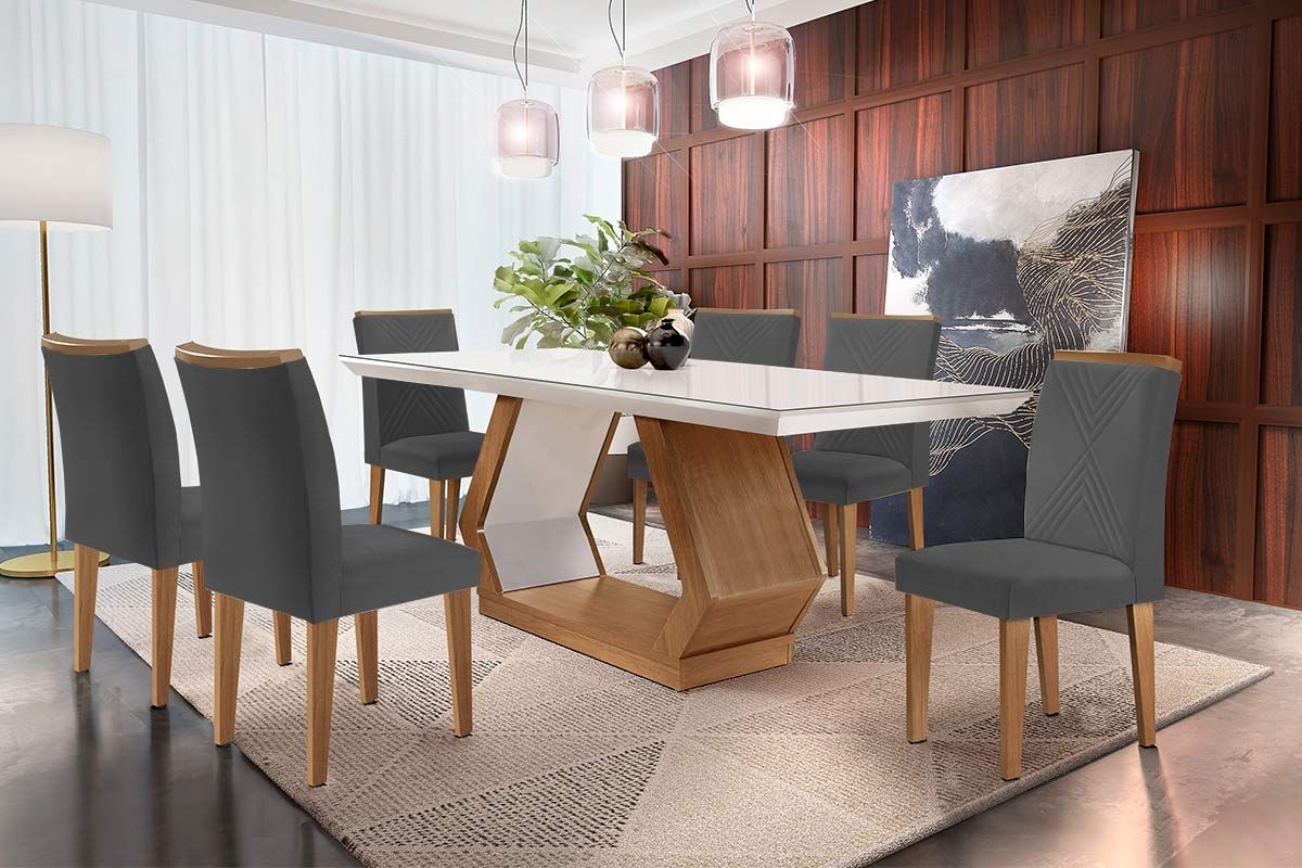 Sala de Jantar Completa Alvorada Tampo Madeirado c/ Vidro Canto Reto 180x90cm e 6 Cadeiras Amsterdã - Rufato