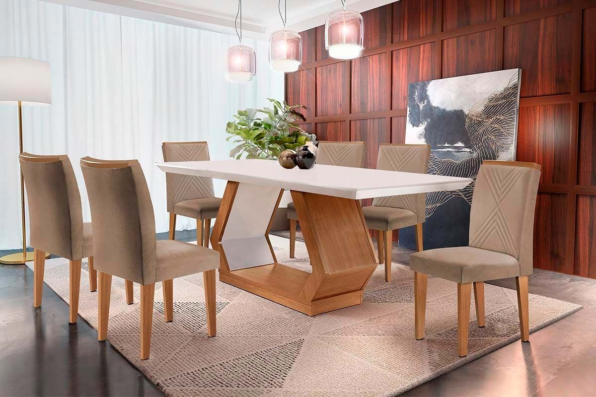 Sala de Jantar Completa Alvorada c/ Tampo Madeirado Canto Reto 180x90cm e 6 Cadeiras Amsterdã - Rufato