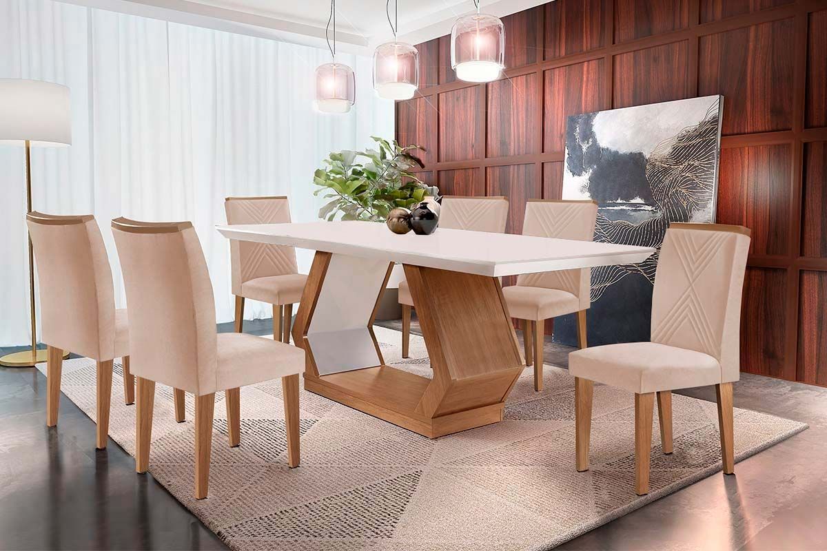 Sala de Jantar Completa Alvorada c/ Tampo Madeirado Canto Reto 180x90cm e 6 Cadeiras Amsterdã - Rufato