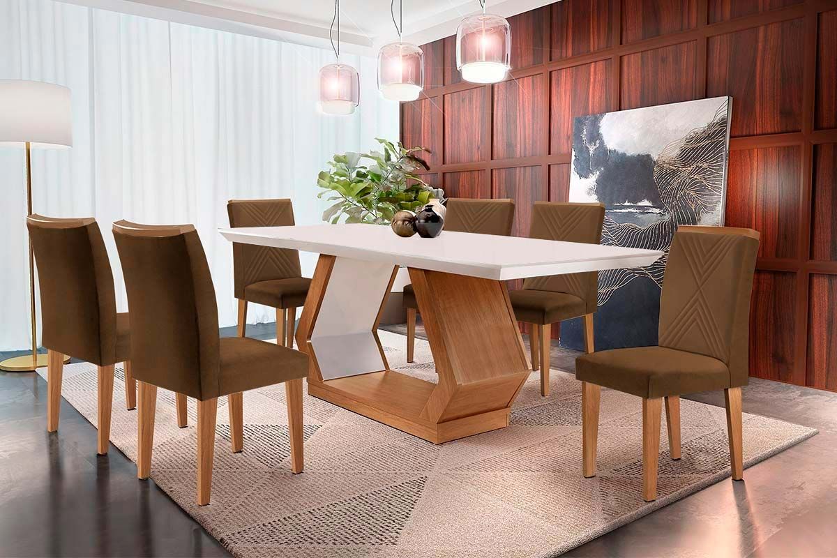 Sala de Jantar Completa Alvorada c/ Tampo Madeirado Canto Reto 180x90cm e 6 Cadeiras Amsterdã - Rufato