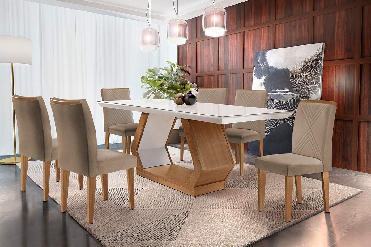 Sala de Jantar Completa Alvorada Tampo Madeirado c/ Vidro Canto Reto 180x90cm e 6 Cadeiras Amsterdã - Rufato
