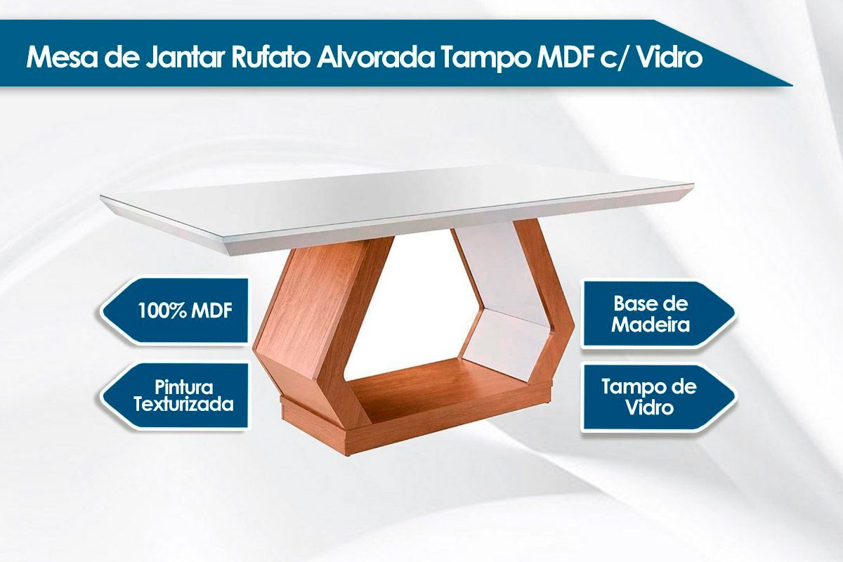 Sala de Jantar Completa Alvorada c/ Tampo Madeirado Canto Reto 180x90cm e 6 Cadeiras Imperatriz - Rufato