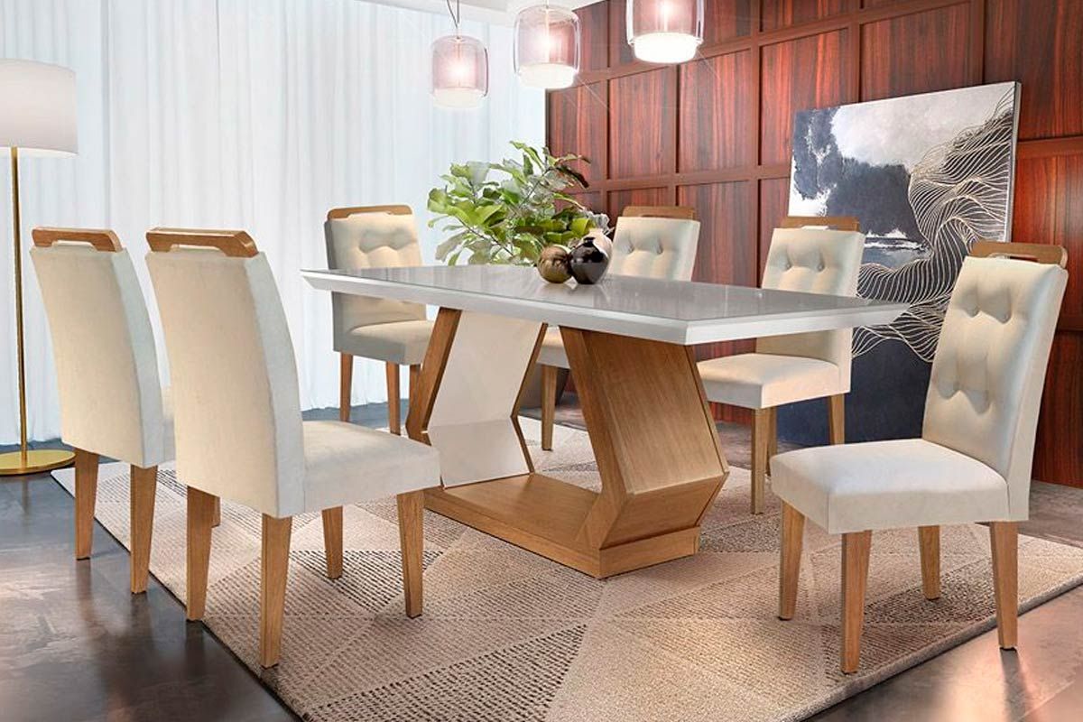 Sala de Jantar Completa Alvorada Tampo Madeirado c/ Vidro Canto Reto 180x90cm e 6 Cadeiras Imperatriz - Rufato