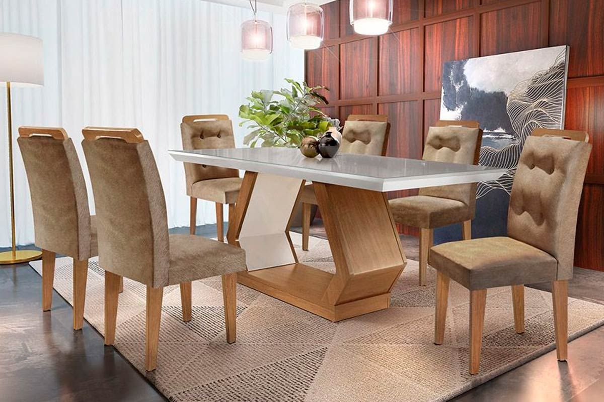 Sala de Jantar Completa Alvorada Tampo Madeirado c/ Vidro Canto Reto 180x90cm e 6 Cadeiras Imperatriz - Rufato