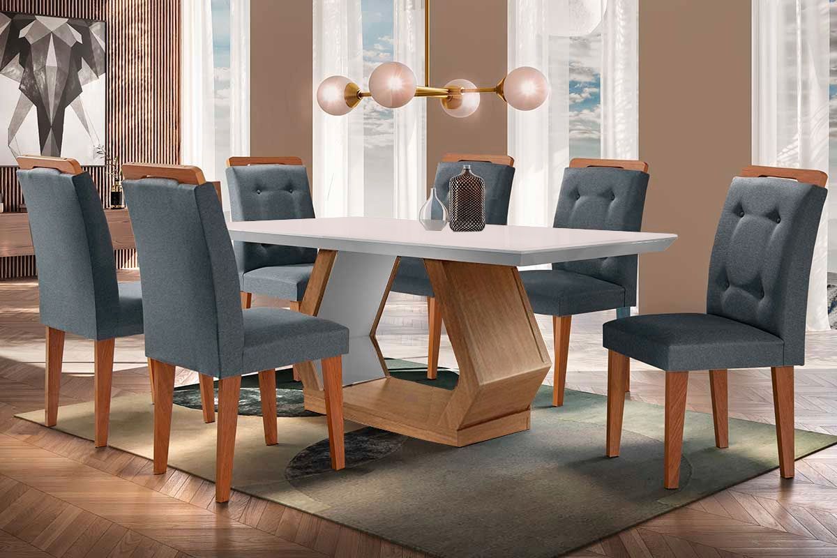 Sala de Jantar Completa Alvorada c/ Tampo Madeirado Canto Reto 180x90cm e 6 Cadeiras Imperatriz - Rufato