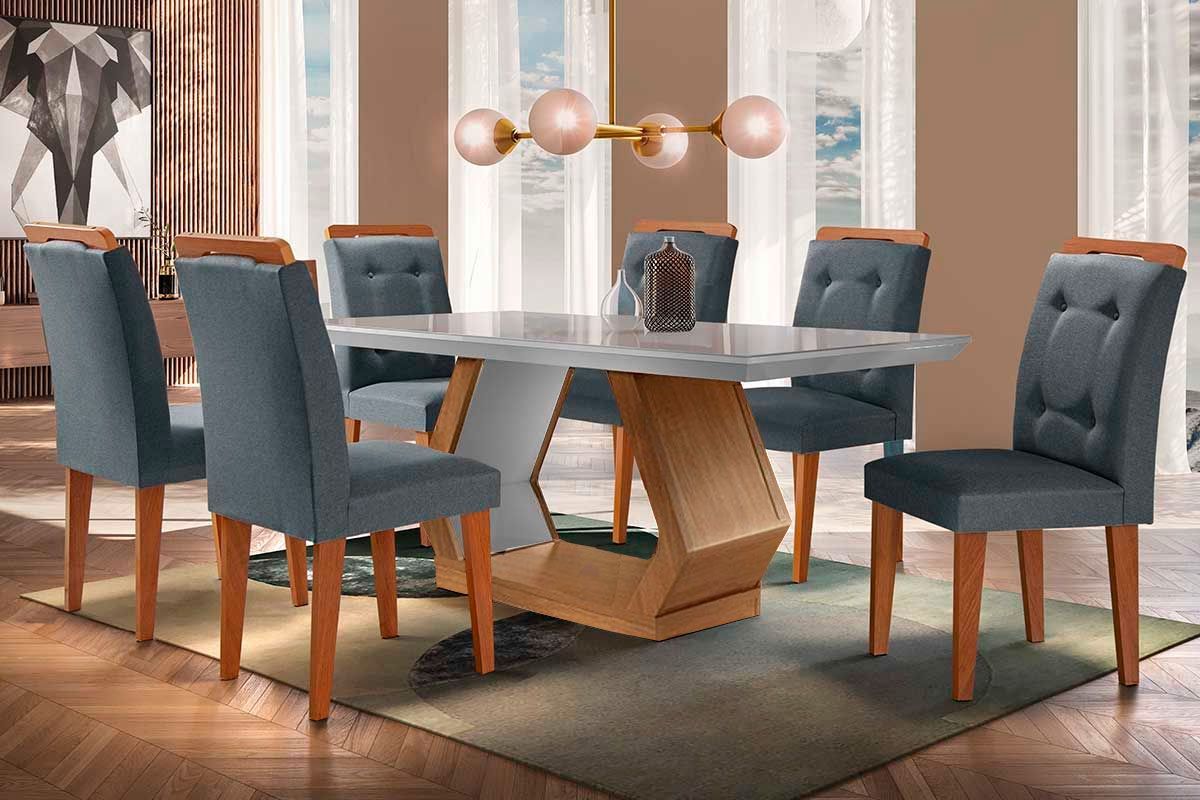 Sala de Jantar Completa Alvorada Tampo Madeirado c/ Vidro Canto Reto 180x90cm e 6 Cadeiras Imperatriz - Rufato