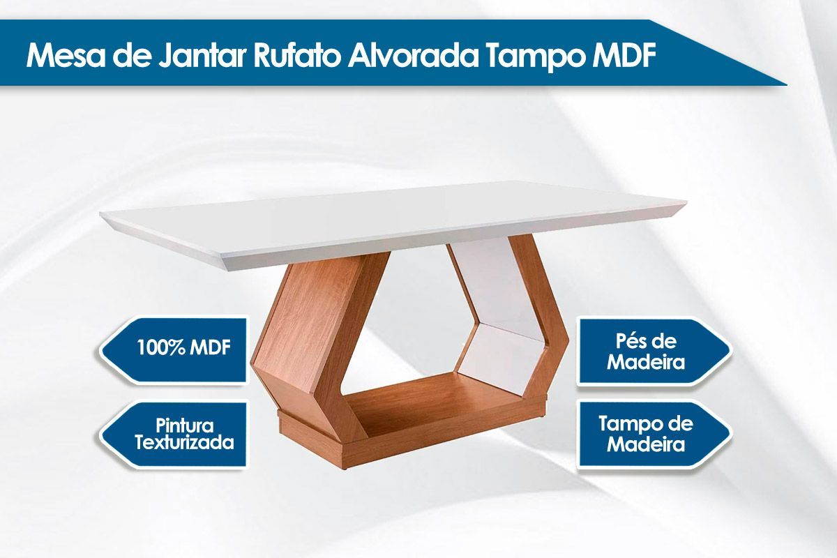 Sala de Jantar Completa Alvorada c/ Tampo Madeirado Canto Reto 180x90cm e 6 Cadeiras Jade - Rufato