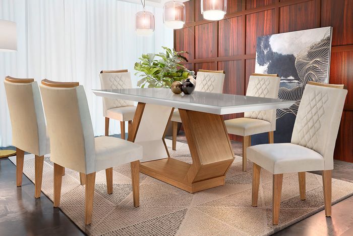Sala de Jantar Completa Alvorada c/ Tampo Madeirado Canto Reto 180x90cm e 6 Cadeiras Jade - Rufato