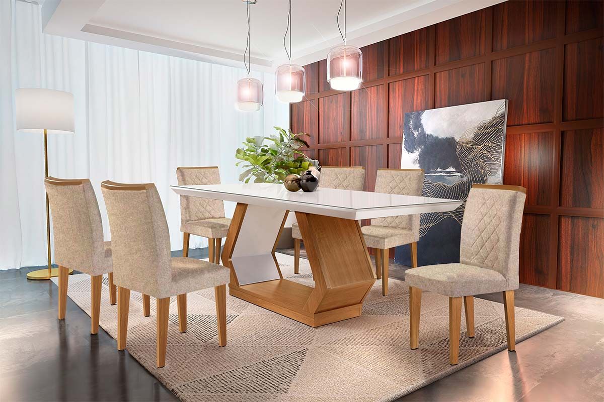 Sala de Jantar Completa Alvorada Tampo Madeirado c/ Vidro Canto Reto 180x90cm e 6 Cadeiras Jade - Rufato