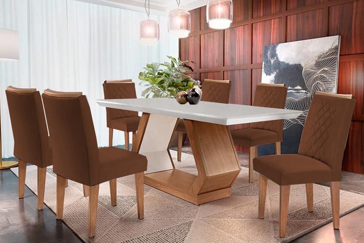 Sala de Jantar Completa Alvorada c/ Tampo Madeirado Canto Reto 180x90cm e 6 Cadeiras Jade - Rufato