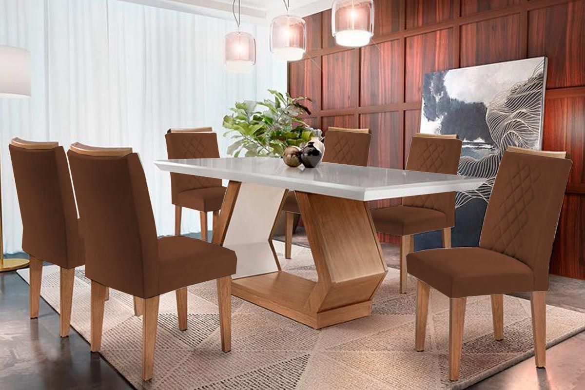 Sala de Jantar Completa Alvorada Tampo Madeirado c/ Vidro Canto Reto 180x90cm e 6 Cadeiras Jade - Rufato