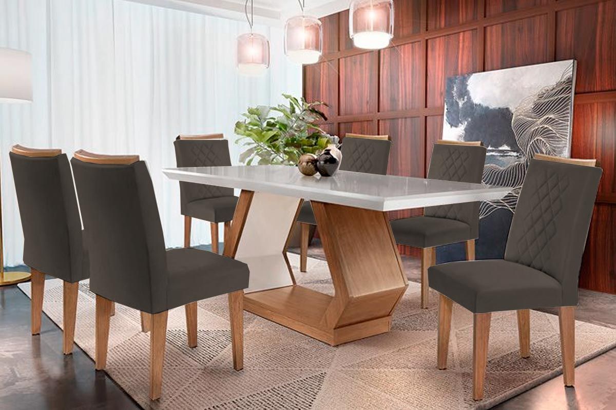 Sala de Jantar Completa Alvorada Tampo Madeirado c/ Vidro Canto Reto 180x90cm e 6 Cadeiras Jade - Rufato