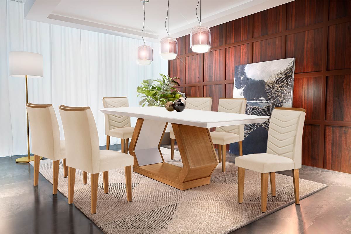 Sala Jantar Mesa Alvorada c/ Tampo Madeirado Canto Reto 180x90cm e 6 Cadeiras Londrina - Rufato