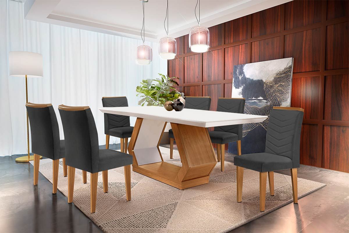 Sala Jantar Mesa Alvorada c/ Tampo Madeirado Canto Reto 180x90cm e 6 Cadeiras Londrina - Rufato