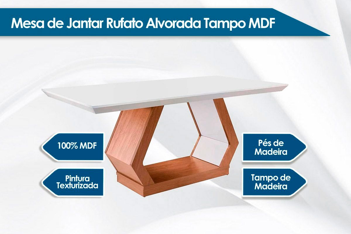 Sala Jantar Mesa Alvorada c/ Tampo Madeirado Canto Reto 180x90cm e 6 Cadeiras Londrina - Rufato