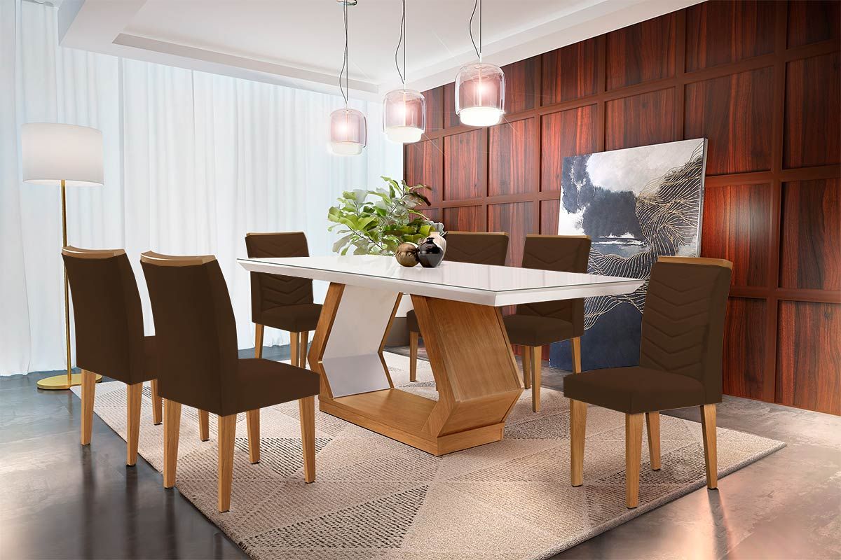 Sala Jantar Mesa Alvorada Tampo Madeirado c/ Vidro Canto Reto 180x90cm e 6 Cadeiras Londrina - Rufato