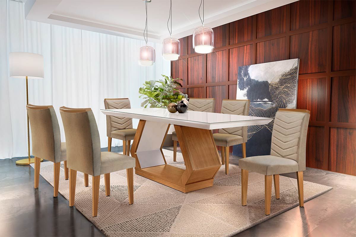 Sala Jantar Mesa Alvorada Tampo Madeirado c/ Vidro Canto Reto 180x90cm e 6 Cadeiras Londrina - Rufato