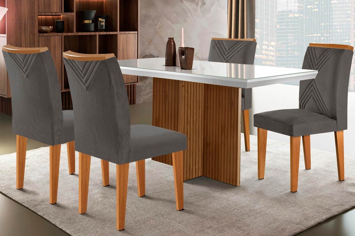 Sala de Jantar Completa Berlim c/ Tampo Madeirado c/ Vidro Canto Curvo 120x80cm e 4 Cadeiras Amsterdã - Rufato