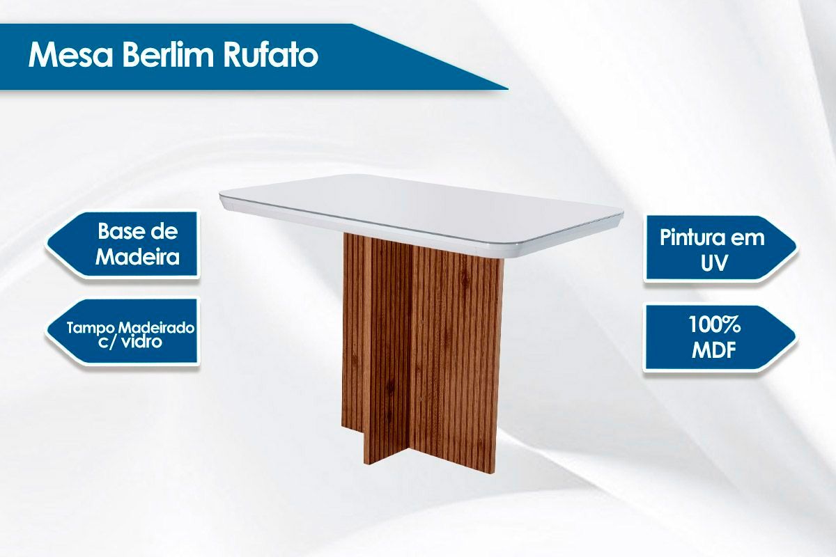 Sala de Jantar Completa Berlim c/ Tampo Madeirado c/ Vidro Canto Curvo 120x80cm e 4 Cadeiras Amsterdã - Rufato
