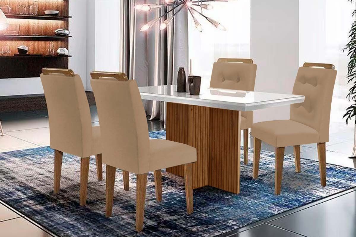 Sala de Jantar Completa Berlim c/ Tampo Madeirado c/ Vidro Canto Curvo 120x80cm e 4 Cadeiras Imperatriz - Rufato