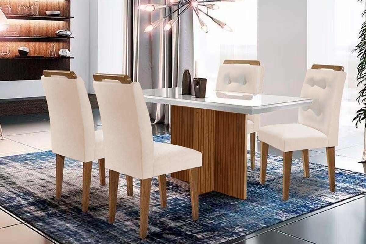 Sala de Jantar Completa Berlim c/ Tampo Madeirado c/ Vidro Canto Curvo 120x80cm e 4 Cadeiras Imperatriz - Rufato