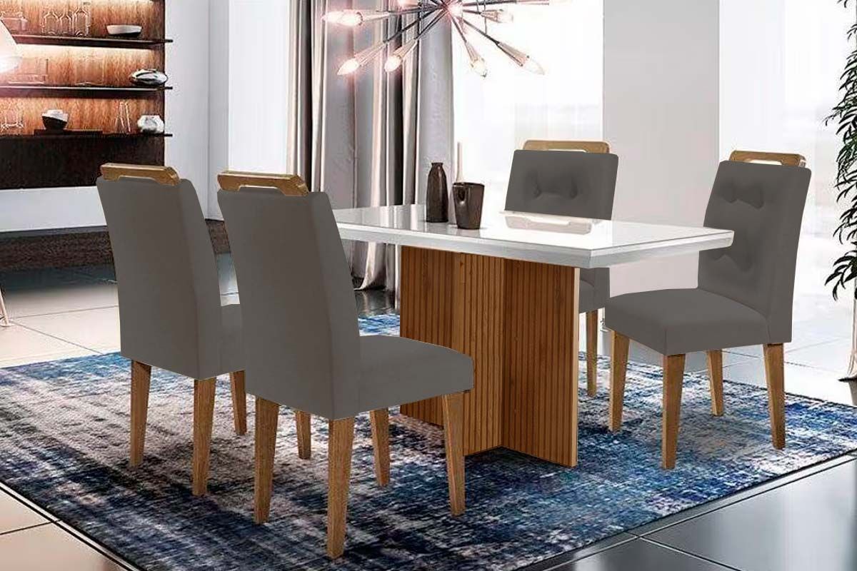 Sala de Jantar Completa Berlim c/ Tampo Madeirado c/ Vidro Canto Curvo 120x80cm e 4 Cadeiras Imperatriz - Rufato