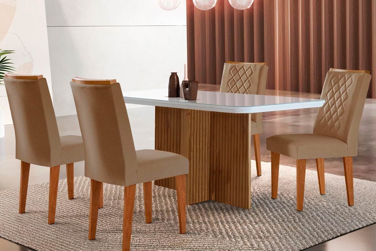 Sala de Jantar Completa Berlim c/ Tampo Madeirado c/ Vidro Canto Curvo 120x80cm e 4 Cadeiras Jade - Rufato
