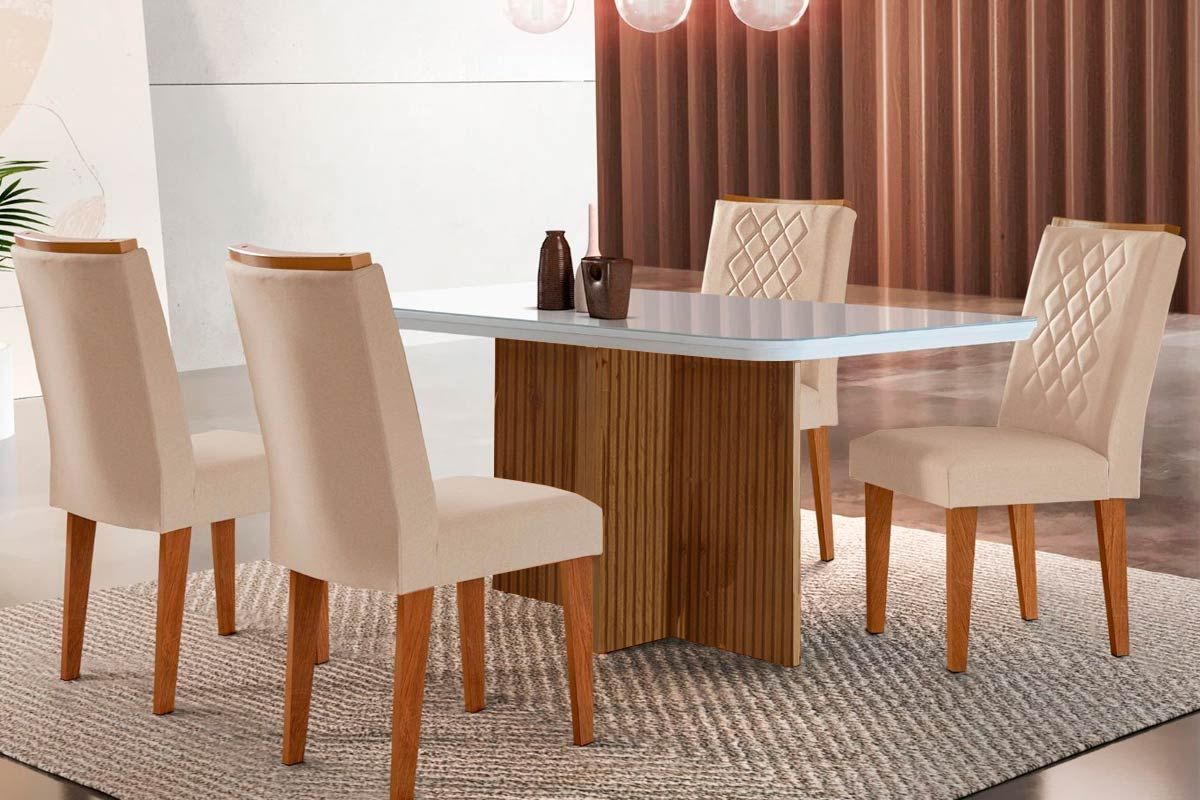 Sala de Jantar Completa Berlim c/ Tampo Madeirado c/ Vidro Canto Curvo 120x80cm e 4 Cadeiras Jade - Rufato
