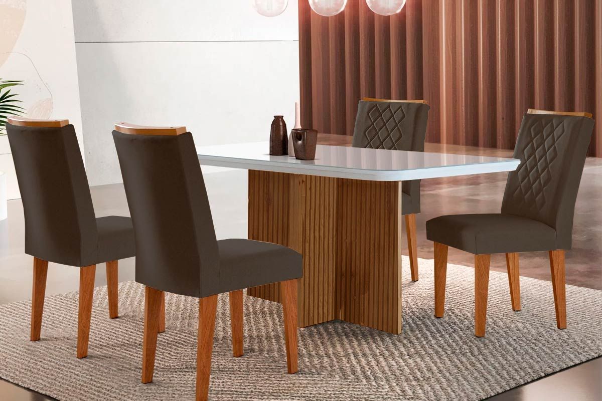 Sala de Jantar Completa Berlim c/ Tampo Madeirado c/ Vidro Canto Curvo 120x80cm e 4 Cadeiras Jade - Rufato